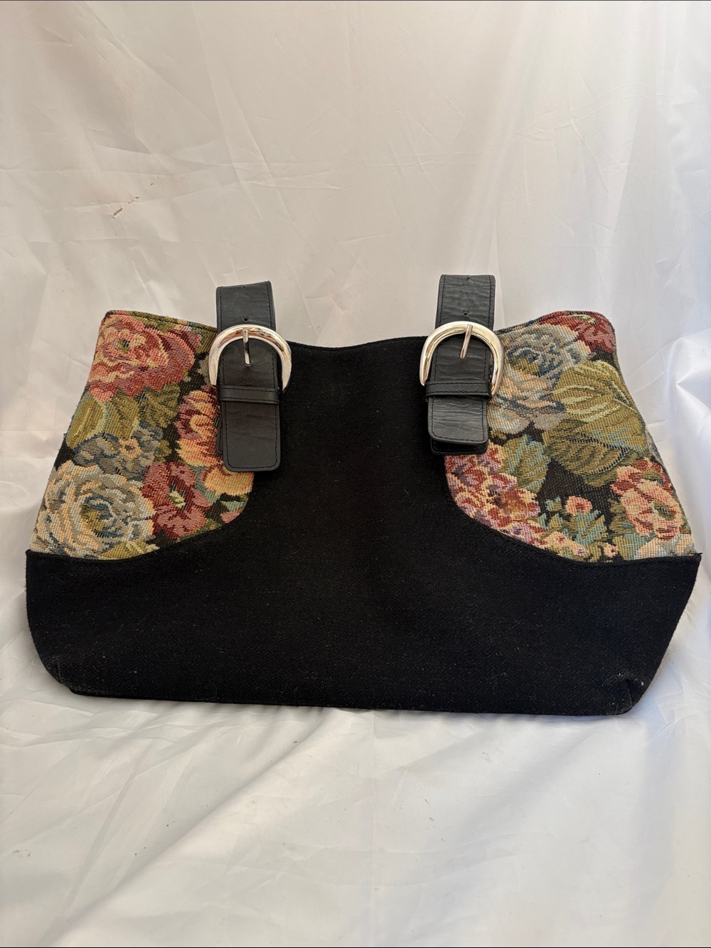 Vintage Betmar Black Floral Tapestry Shoulder Bag with Buckle Straps